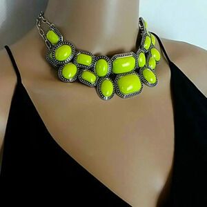 Neon Yellow and Silver Necklace Earring Set
